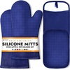 image:imageBPAFree Soft Silicone 4 Piece Oven Mitts amp Trivets Set  Ultra Heat Resistant Oven Mitts with Thick Cotton Liner  Long Slip Resistant Pot Holders Flexible Oven Gloves  Royal BlueNavy Blue