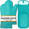 image:imageBPAFree Soft Silicone 4 Piece Oven Mitts amp Trivets Set  Ultra Heat Resistant Oven Mitts with Thick Cotton Liner  Long Slip Resistant Pot Holders Flexible Oven Gloves  Royal BlueTurquoise