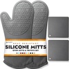 image:imageBPAFree Soft Silicone 4 Piece Oven Mitts amp Trivets Set  Ultra Heat Resistant Oven Mitts with Thick Cotton Liner  Long Slip Resistant Pot Holders Flexible Oven Gloves  Royal BlueGray