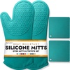 image:imageBPAFree Soft Silicone 4 Piece Oven Mitts amp Trivets Set  Ultra Heat Resistant Oven Mitts with Thick Cotton Liner  Long Slip Resistant Pot Holders Flexible Oven Gloves  Royal BlueAqua Turquoise