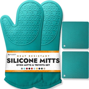image:imageBPAFree Soft Silicone 4 Piece Oven Mitts amp Trivets Set  Ultra Heat Resistant Oven Mitts with Thick Cotton Liner  Long Slip Resistant Pot Holders Flexible Oven Gloves  Royal BlueAqua Turquoise